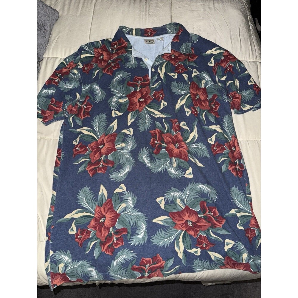 Vintage LL Bean Mens XL Tall Blue Floral Tropical Short Sleeve Polo Shirt